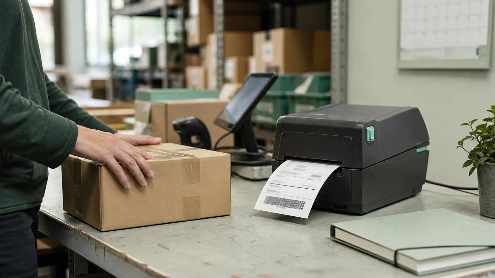 A shipping label printing beside a sealed parcel at a warehouse packing station, with a closed invoice folder in the background.