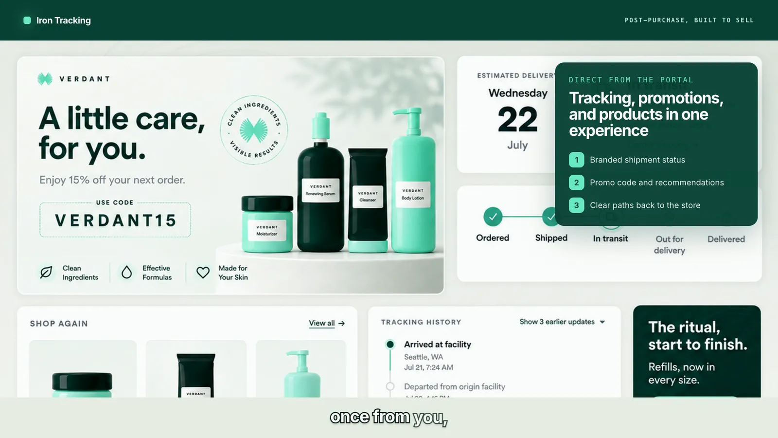 Iron Tracking product demo showing a branded order-tracking experience.