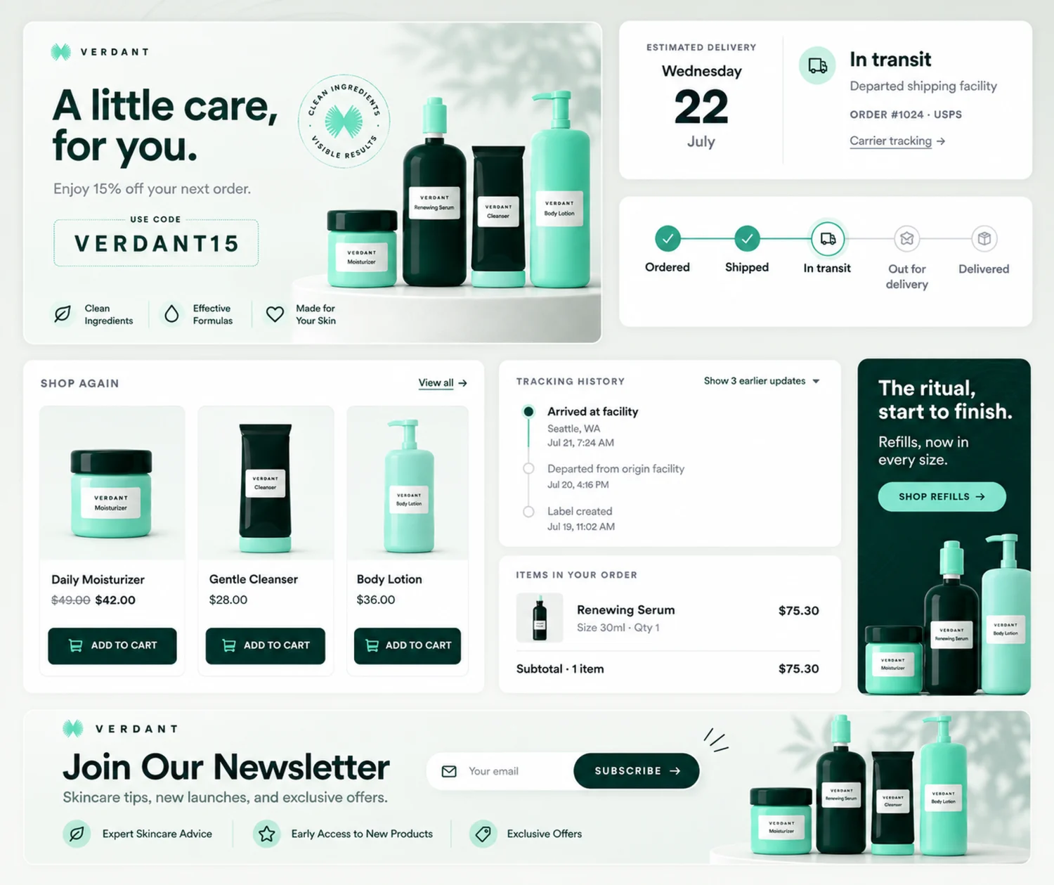 An Iron Tracking tracking page for an example skincare store, showing the delivery date, a progress stepper, carrier scan history, the items in the order, a discount banner and product recommendations.